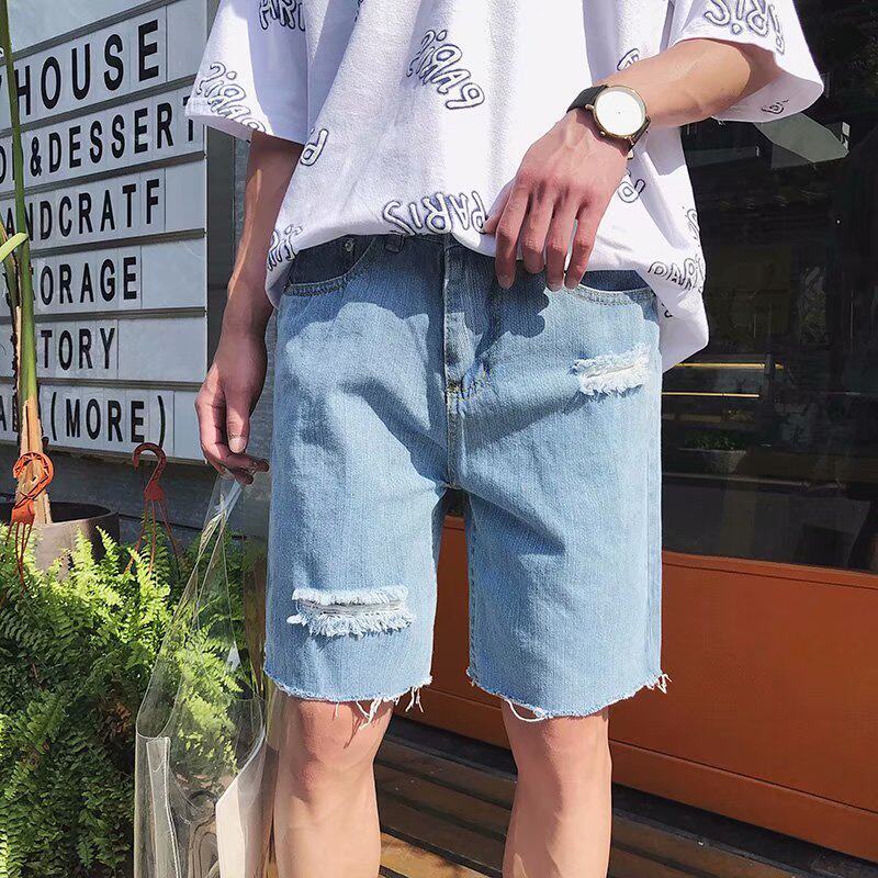 Port Winds ins Hole Ins Cowboy Shorts Male summer Korean version Trend Overalls 50% Pants Casual Loose 100 lap 50% pants