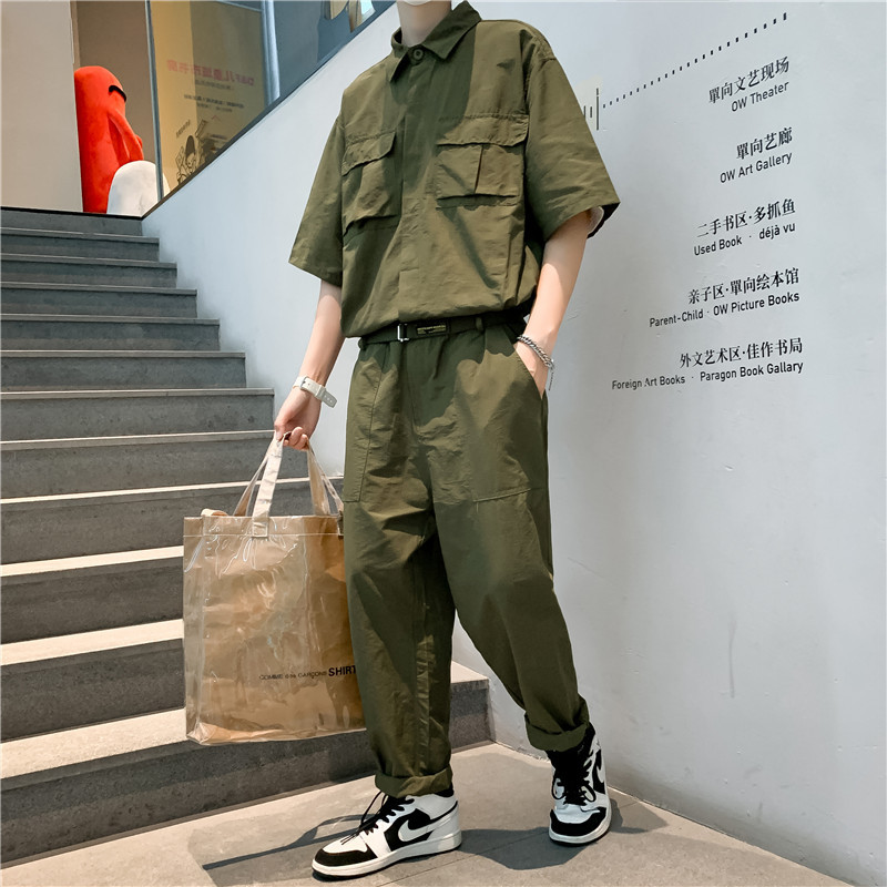 Summer Short-Sleeved Workwear Jumpsuit Suit for Men, American Retro ins Trendy Brand, Cool and Handsome Jumpsuit Work Clothes