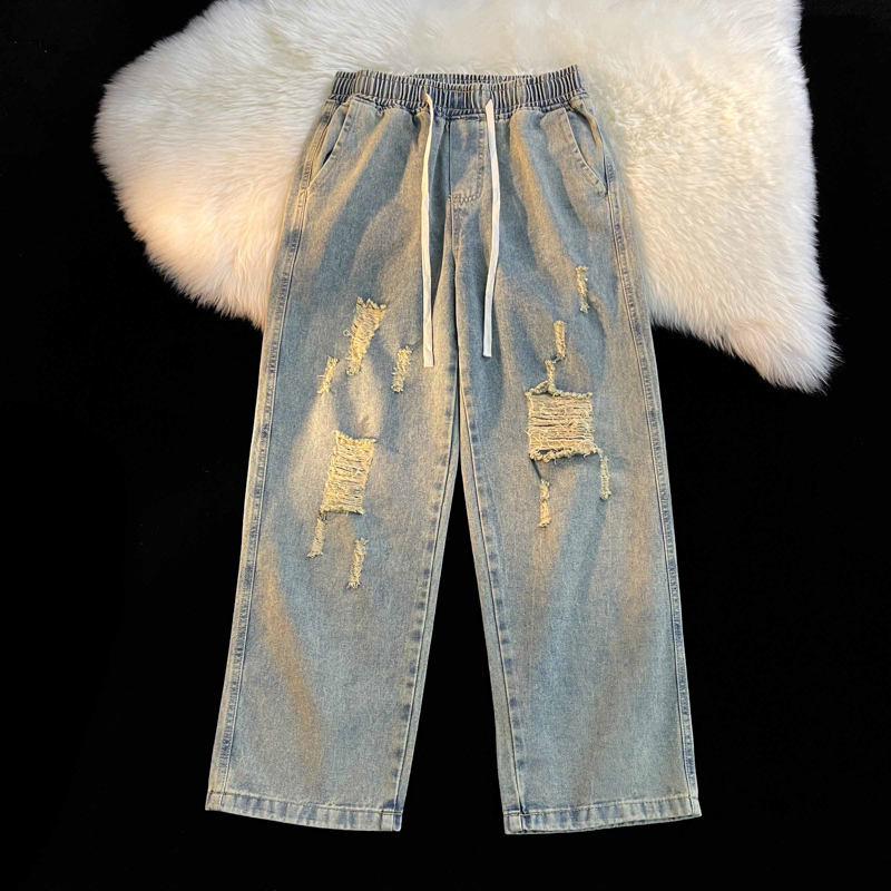 Vintage Ripped Jeans for Men, Spring and Summer American Style Trendy Brand Distressed Pants, Elastic Waist, Loose Fit, Cropped Straight-Leg Pants