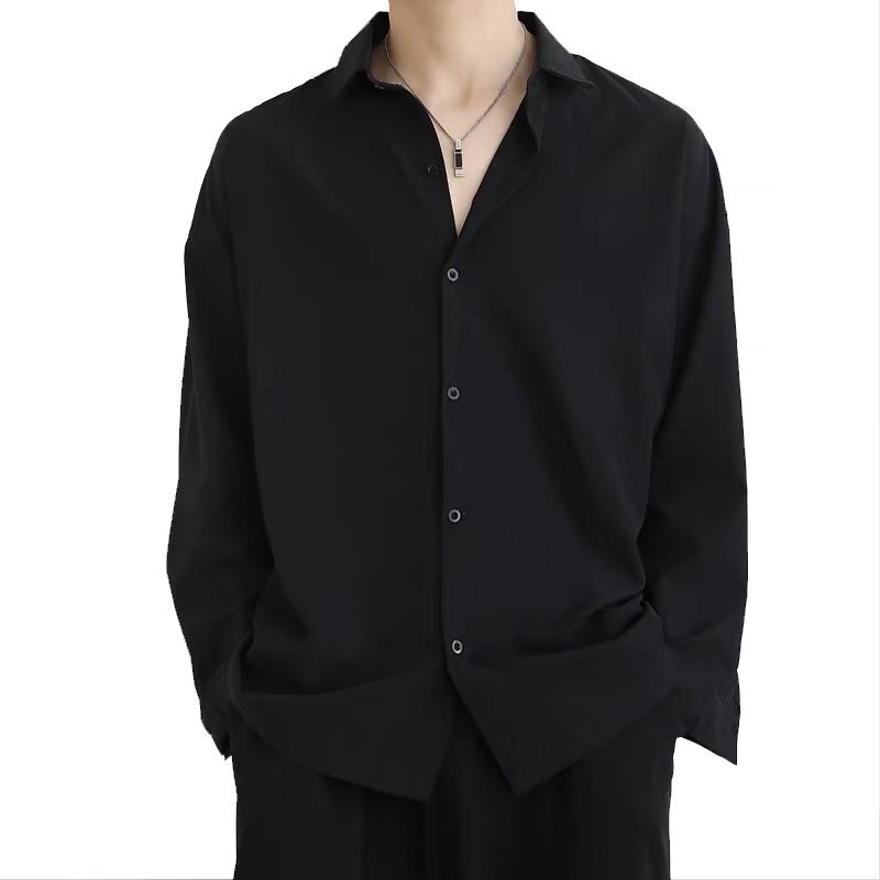 Trendy Brand Handsome Jacket for Men, Spring, Autumn and Summer Thin Ice Silk Workwear White Shirt Top, Black Long-Sleeved Shirt