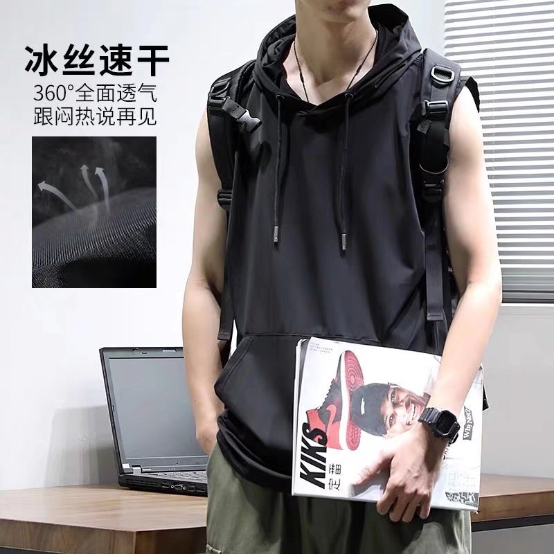 Ice Silk Quick-Drying Fitness Hooded Vest Men's Summer Sweatshirt Top American Basketball Sports Sleeveless T-Shirt Vest