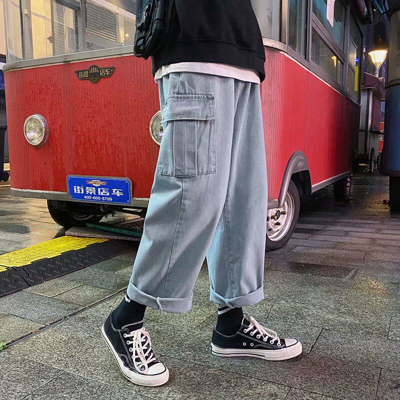 Hong Kong style tooling jeans men's straight loose spring autumn and winter wide leg nine-point pants all-match tide brand trend long pants