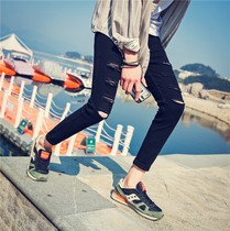 Summer ripped jeans mens Korean version slim nine-point pants small feet wild black beggar thin trousers trend