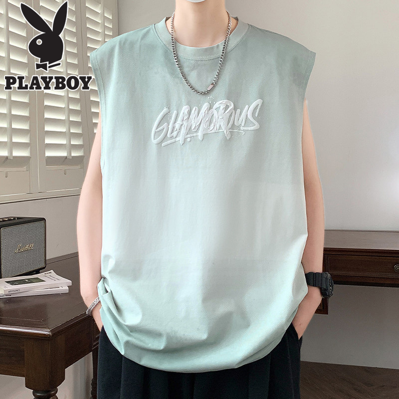 Playboy Sleeveless T-Shirt for Men, Summer Trendy Letter Print Tank Top, Japanese Style Outfit for Teenagers, Gradient Vest Playboy Sleeveless T-Shirt for Men, Summer Trendy Letter Print Tank Top, Japanese Style Outfit for Teenagers, Gradient Vest