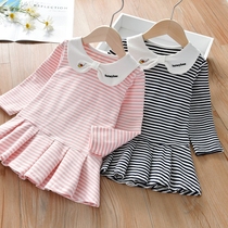 Girls dress autumn 2021 new childrens skirt little girl long-sleeved spring and autumn cotton striped princess dress trendy