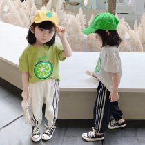 Girls summer suit 2021 new childrens summer short-sleeved female baby middle and small childrens foreign style net red two-piece suit trendy