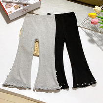2021 autumn new girls trousers Korean version childrens little girl pearl flared trousers fashion solid color casual trousers trend