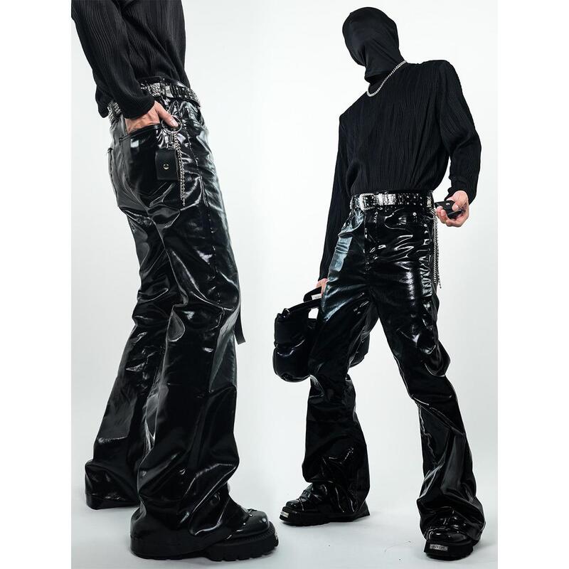 Vee High-End Niche Glossy Patent Leather Coated Denim Flared Pants for Men, Unique Stacked Long Leather Pants
