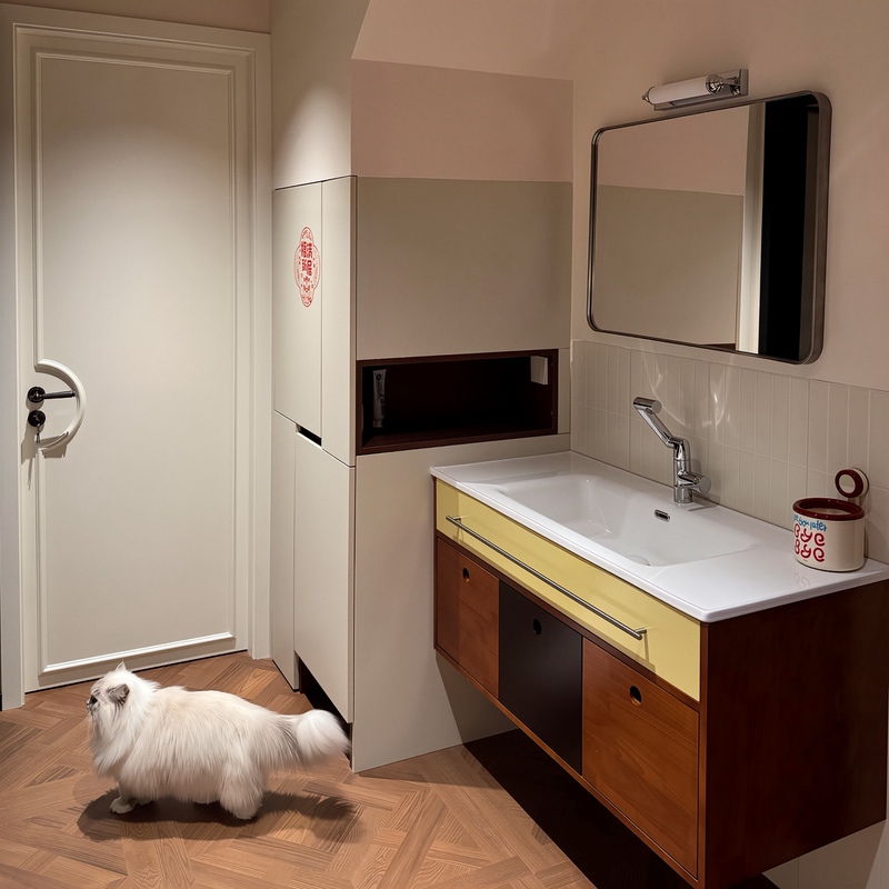Medieval-Style Bauhaus Bathroom Cabinet Memphis Integrated Ceramic Basin Contrasting Color Solid Wood Lacquered Sliding Door Washstand Medieval-Style Bauhaus Bathroom Cabinet Memphis Integrated Ceramic Basin Contrasting Color Solid Wood Lacquered Sliding Door Washstand