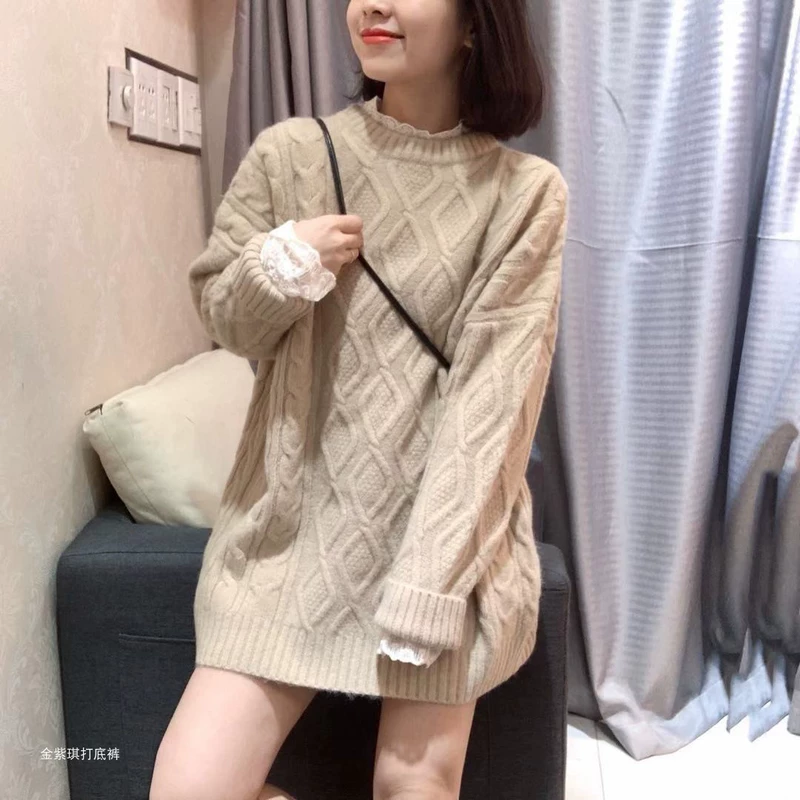 Mùa thu đông 2019 mới cổ tròn xoắn kim cương rộng rãi áo len nữ rộng giữa áo len dày - Đan Cardigan