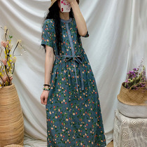 Walking welfare round neck retro literary print waist short sleeve dress A long skirt loose Medium-length dress