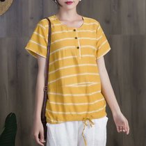 Casual loose Slim retro art cotton linen striped round neck short sleeve T-shirt female 2021 summer rope top
