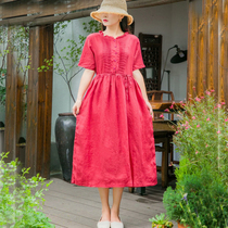 2020 Summer New Joker Retro Crewneck Long Dress Women Short Sleeve Skirt Cotton