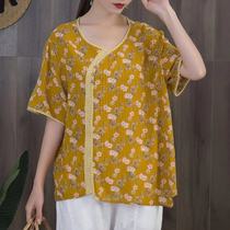 Floral Half sleeve shirt V-neck slim slender placket loose literary retro Joker top 2021 summer New