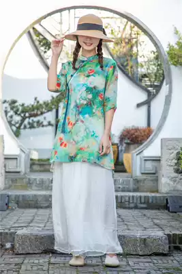 Half sleeve twill linen collar modified print shirt National style casual literary tea suit