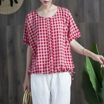 Volume original design retro plaid thin round neck pullover literary style single row wooden button cotton linen T-shirt