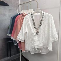 Original design retro literary oblique flap buckle flower silk cotton loose large size double shirt V collar thin 2021 summer