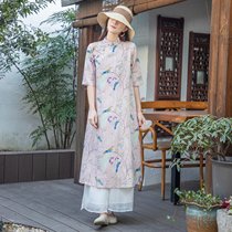 Original design literary fine ramie full oblique flap buckle dress large size loose print dress 2021 summer