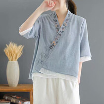 Retro original double-layer yarn mid-sleeve embroidery V-collar literary oblique buckle Zen tea shirt Chinese style Hanfu
