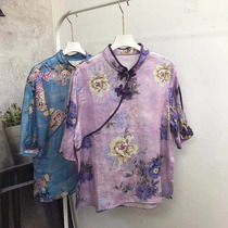 Original design 100% pure linen stand collar floral shirt female Chinese linen shirt loose cross-placket buckle top