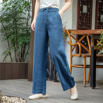 Retro pure linen elastic waist high waist straight wide leg pants literary wind cotton linen temperament pants