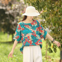 2021 summer new cotton linen retro literary style original pullover printing loose T-shirt large size short sleeve top