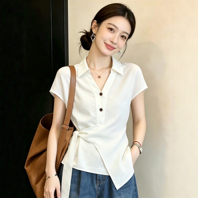 White Collared Short-Sleeve Shirt for Women, 2026 New Summer Style, Tie-Waist French Chic Blouse