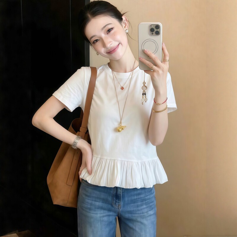 White Short-Sleeve T-Shirt for Women, 2026 New Popular Summer Style, Lace Patchwork, Super Trendy, Age-Reducing, Elegant Top for Ladies