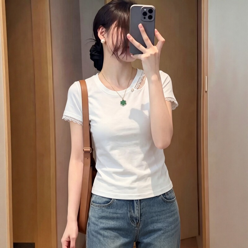 White Short-Sleeve T-Shirt for Women, 2026 New Popular Summer Design with Hollow Lace, Women's Top White Short-Sleeve T-Shirt for Women, 2026 New Popular Summer Design with Hollow Lace, Women's Top