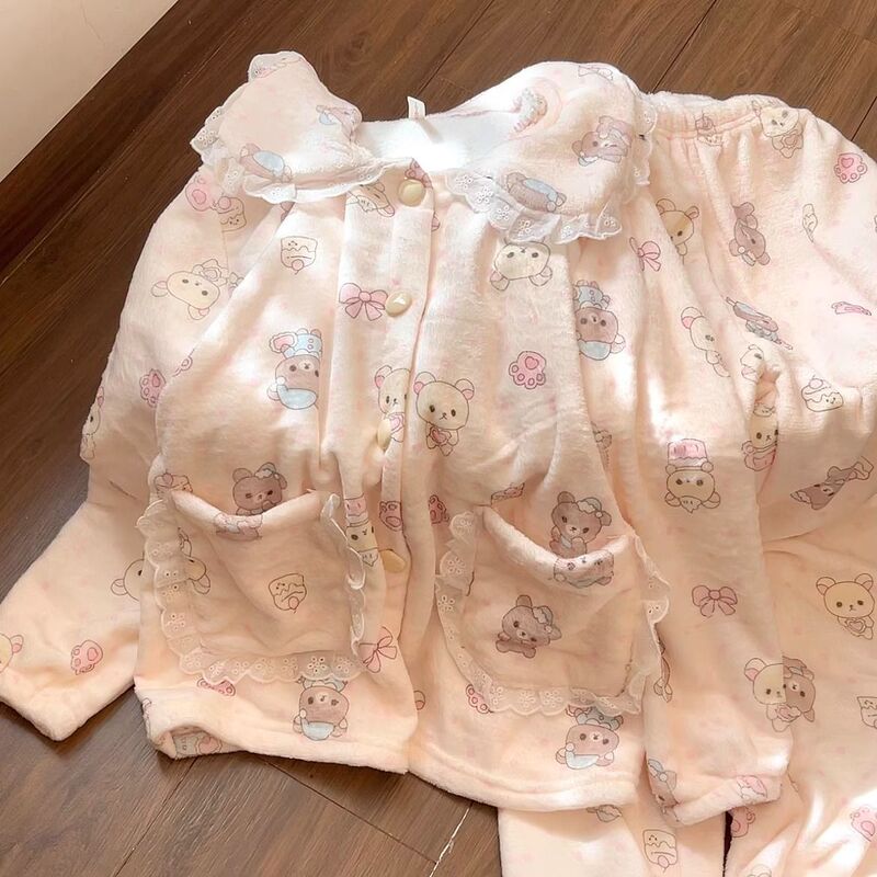 Junior High School Students' Autumn and Winter Cute Coral Velvet Doll Collar Thickened Long-Sleeved Sweet Soft Girl Home Wear Set Junior High School Students' Autumn and Winter Cute Coral Velvet Doll Collar Thickened Long-Sleeved Sweet Soft Girl Home Wear Set