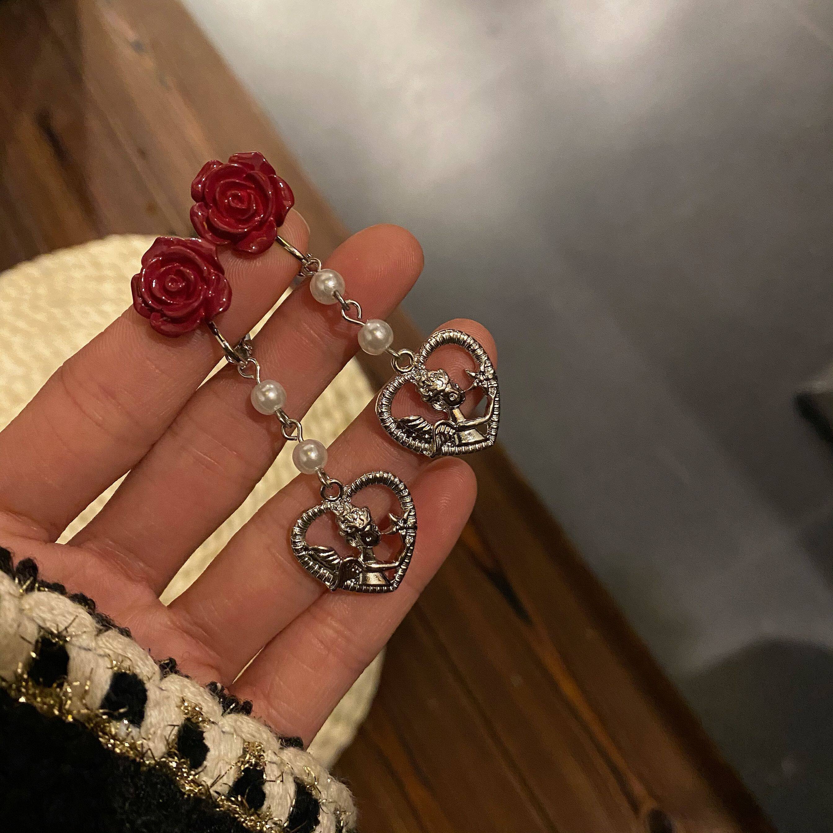 Earthly Desert Rose Super Fairy Red Rose Flowers Earrings Sweet And Loving Angel Ear Pendant Long Version of Slim Ear Clip