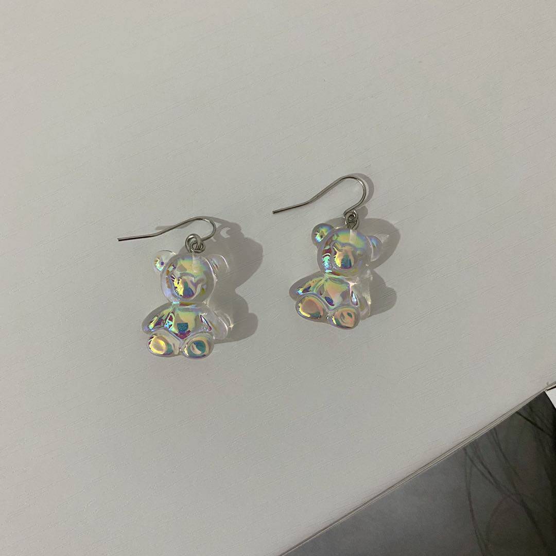 Japanese cute transparent bear earrings colorful laser jewelry super cute girl heart small fresh net red sweet ear clip