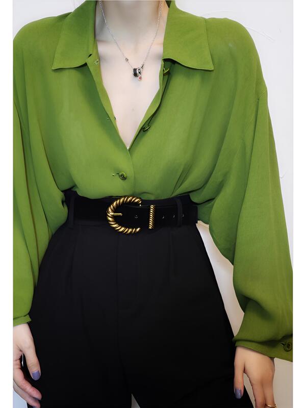 Mustard Green Shirt for Women, New Autumn and Winter Style, Age-Reducing, Chic and Beautiful Silk Shirt, Loose Fit, V-Neck Top