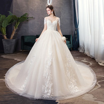 Korean light wedding dress 2021 New Bride wedding shiny long tail deep V collar Princess thin forest line out