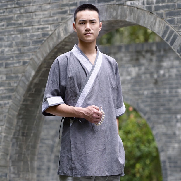 七奇坊漢服の要素漢雲夏服禅コットンリネンブラウンクロスカラー半袖トップスエスニックシャツグレー