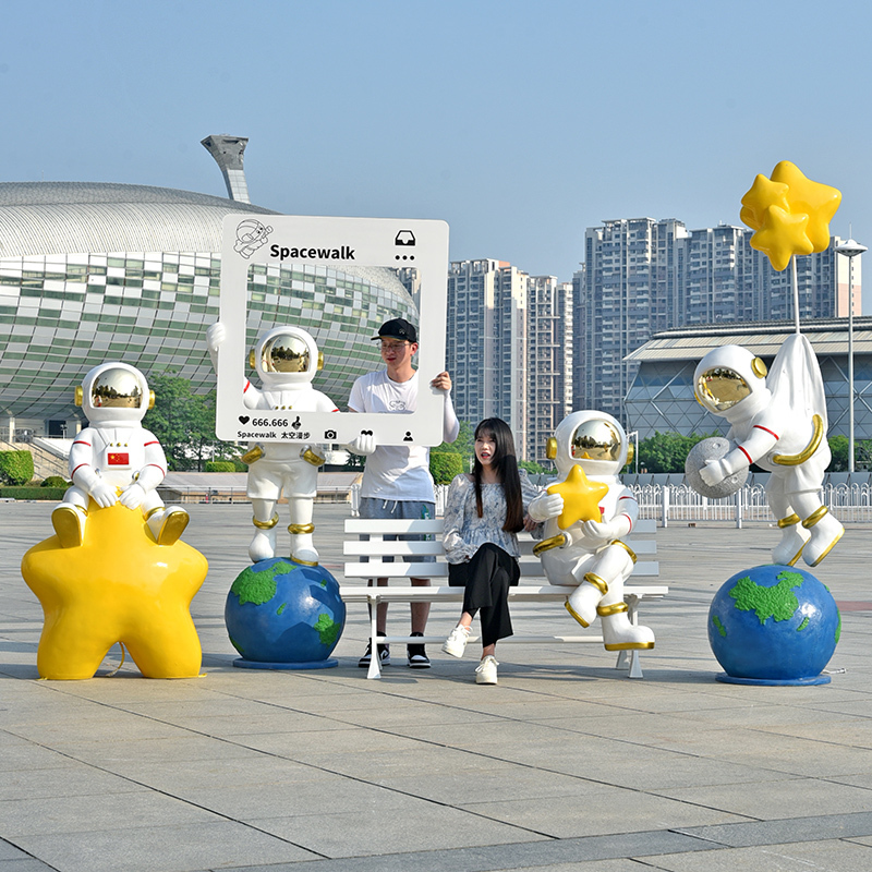 Astronaut Large Sculpture, Popular for Photo Shoots, Decorative Chair, Outdoor Illuminated Fiberglass Sculpture