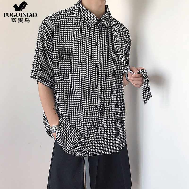 Rich Gui Bird Shirt Male Tide Short Sleeve Design Sensation Small Crowd of Thousand Birds Plaid Outside Wearing Loose Ice Silk Day Series Pendant Sensation