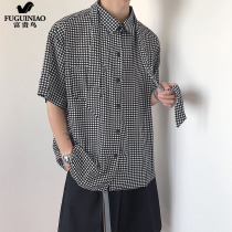 Rich Gui Bird Shirt Male Tide Short Sleeve Design Sensation Small Crowd of Thousand Birds Plaid Outside Wearing Loose Ice Silk Day Series Pendant Sensation