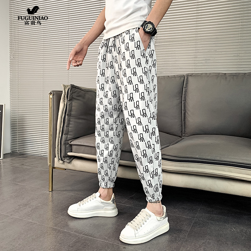 Rich Bird Harynn Pants Men's Summer Ice Silk Senior Feel Thin of ironing youth tightness waist flowers Close-up Bunch Pants Men