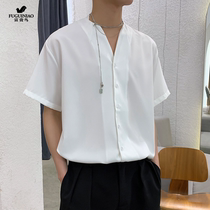 Rich Gui Bird Shirt Male Loose Summer V Collar Short Sleeves Lukewarm Wind Silk Slip Handsome and Trendy Ice Silk Lining