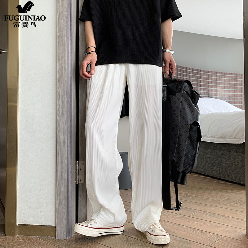 Fugui bird white pituitary ice silk Western pants Male High Sensation Fried Street Mulberry Silk Thin stretch waist elastic long pants