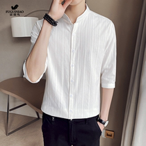 Fugui bird shirt short sleeve men linen pure color striped Korean ruffled 70% sleeves Tide Summer Advanced Sensation