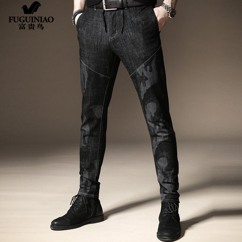 Rich bird jeans men's camouflage plus velvet autumn and winter pants men's slim Korean version of the narrow tube tights men's trend stitching trousers