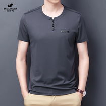 Rich and expensive male tut-shirt summer small neckline design feeling small crowdsummer ice sensation silk light cotton short sleeve mulberry silk national tide