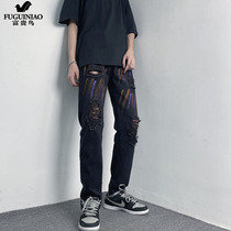 Rich and bird jeans Mens black Broken Hole Straight Barrel Pendant with a thin fur edge Soft glutinous cool Coarse Riptide Pant Pants