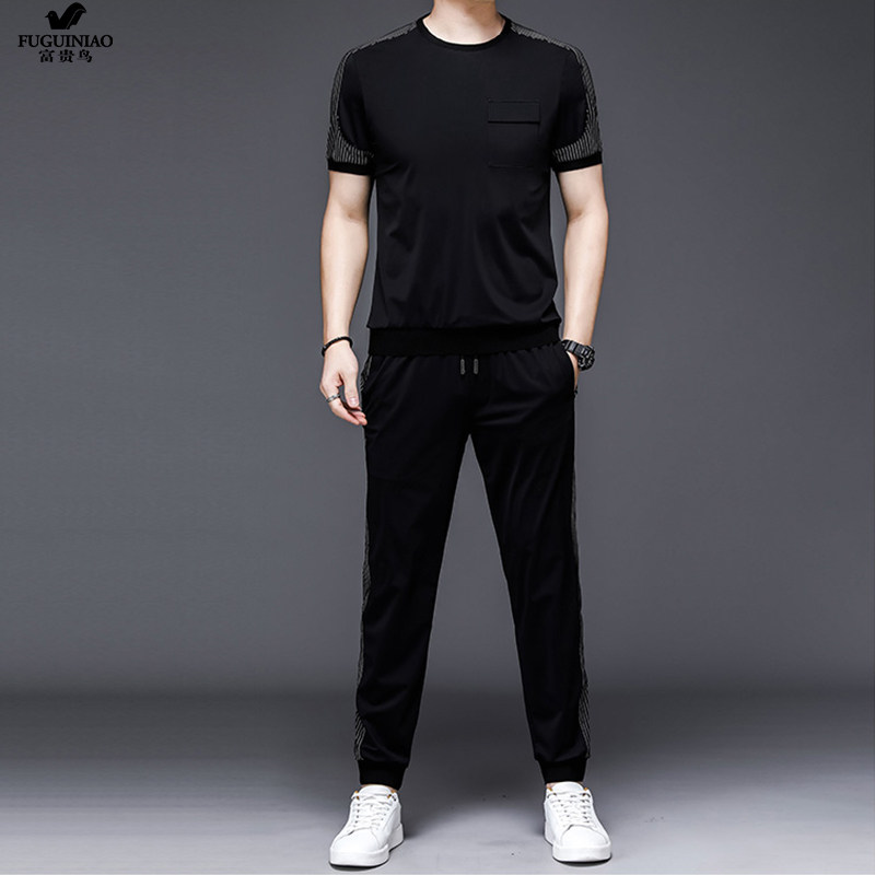 Rich bird summer men's thin sports suit quick-drying breathable ice silk loose casual short-sleeved T-shirt two-piece