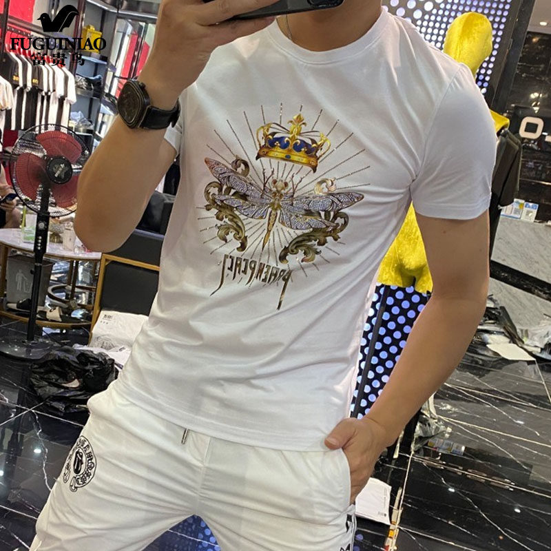 Rich bird ice-sensing T-shirt men's small neckline hot drill country tide ruffian handsome modal short-sleeved summer mercerized cotton design touch soil