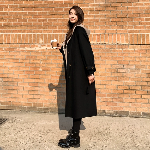 Черный двусторонний кашемировый длинный зимний комплект, шерстяное пальто, средней длины, 2024 года, в корейском стиле