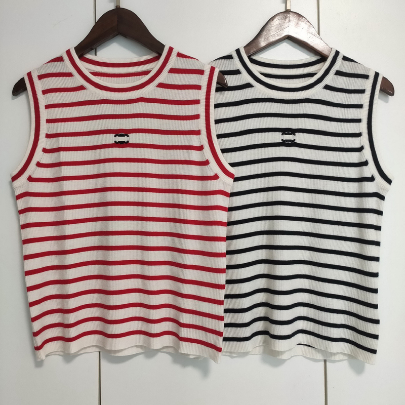 Summer Striped Vest with Embroidered Pattern, Horizontal Stripes, Navy Style, Side-Tie Sleeveless Knit Top for Women, Round Neck Top