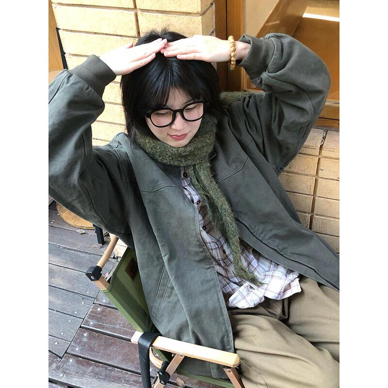 American Retro Military Green Detroit Workwear Jacket for Women 2025 New Loose Casual Unisex Baseball Uniform Jacket